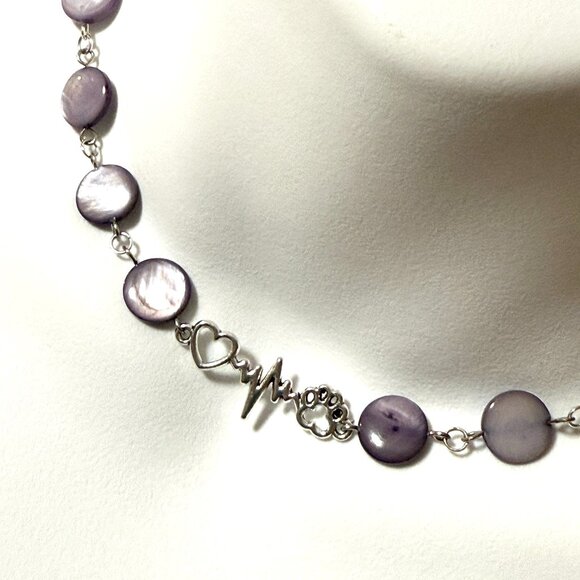Purple Mother of Pearl Beaded Short Necklace + Paw Print Heart Beat Pendant - Picture 1 of 13
